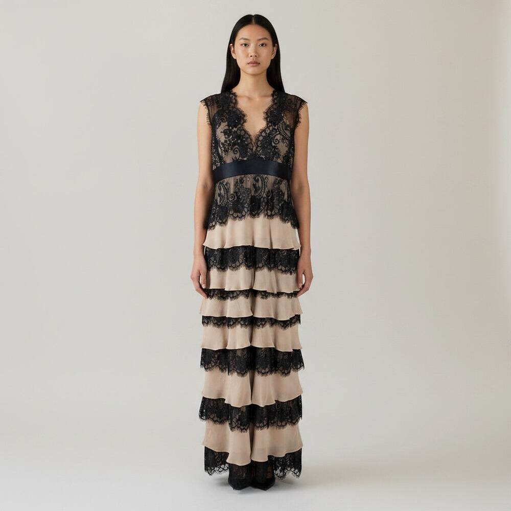 Tadashi Silk Lace Tiered Evening Gown Black Beige Sequin Formal Dress Size 12